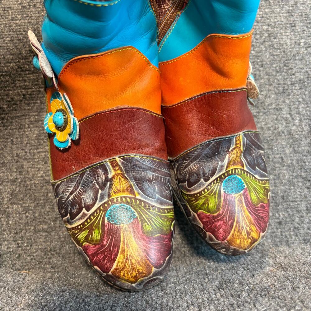 L'Artiste Leather Floral Colorful Block Heel Booties Women 9.5 Spring Step - Picture 4 of 10
